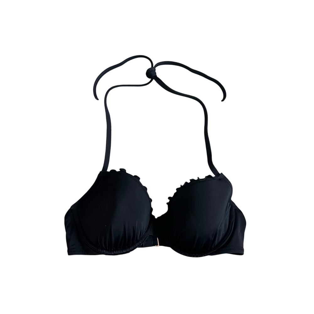 Shade & Shore Black Ruffle Halter Bikini Top Lightly Lined 34C Vacation Summer